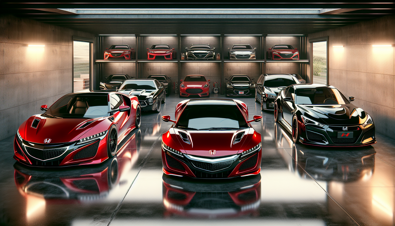 Modèle de voiture en H dans un garage luxueux, mettant en avant une Honda NSX rouge éclatante et une Hyundai Genesis noire sophistiquée, entourées d'autres voitures impeccables.
