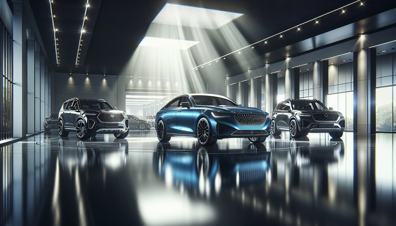 Affiche un modèle de voiture Jaguar XF bleu royal brillant avec d'autres voitures 'J' en arrière-plan. alt text : "Modèle de voiture Jaguar XF bleu avec autres voitures 'J' en arrière-plan"