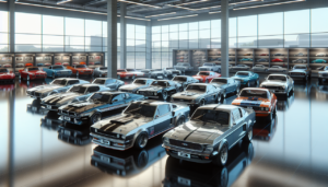 Génère un alt text optimisé pour Google Image : Collection de modèles de voitures en S dans un showroom moderne bien éclairé, mettant en valeur leurs finitions brillantes et logos distinctifs.