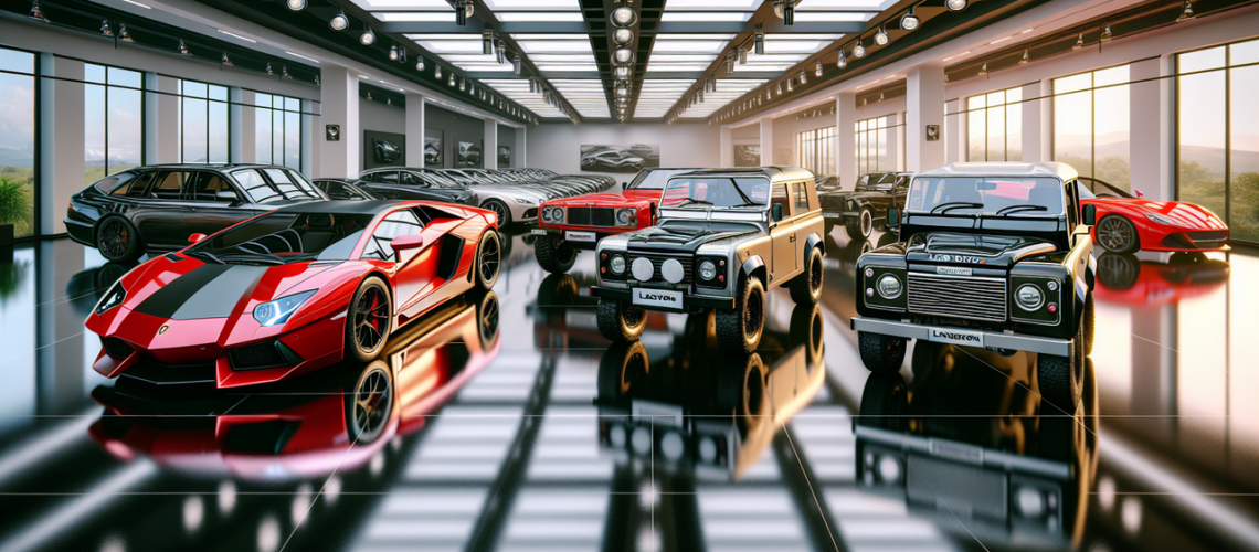 Afficher modèle de voiture L : Lamborghini, Lancia, Land Rover et Lexus dans salle d'exposition.