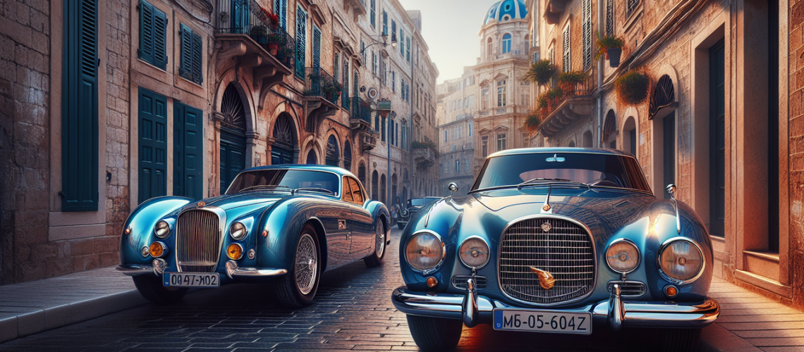 Créer image : "Renault et Rolls-Royce garées dans une rue européenne ensoleillée, côté pavs, piétons, bâtiments."