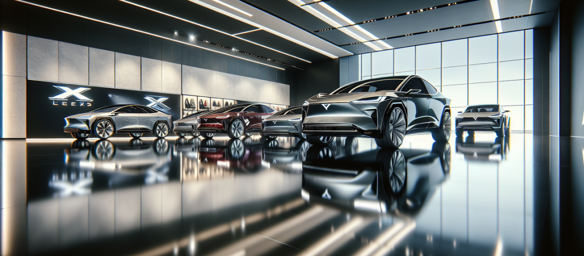 Modèle de voiture en X, exposé dans une salle d'exposition de luxe, éclairage dynamique et mises en valeur détaillées.